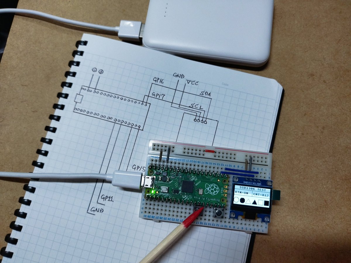 Oodama_HUGE_g's tweet image. ちょっとカウンタが欲しかったんで思いつきを忘れないうちに落ちてたLIBとPicoとSSD1306でサクッと初期型を作っておくことのした。本番は光学センサで動作を拾う形にするつもり。
#電子工作 #RaspberryPiPico