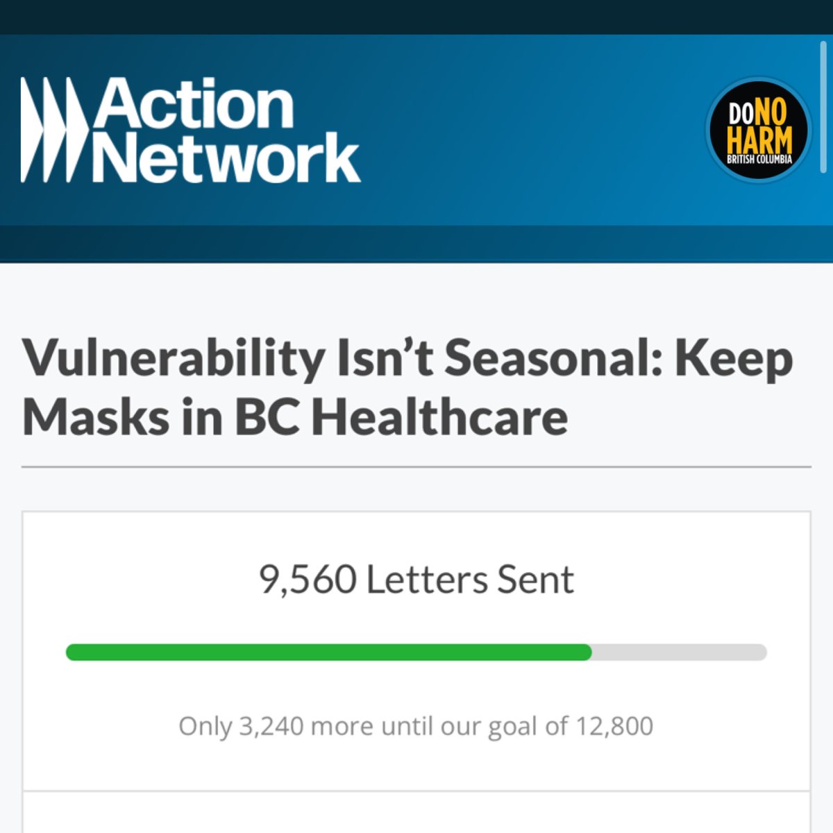 One week in, and over 9,500 emails sent so far telling #bcpoli to #KeepMasksInHealthcare! Who’s going to be lucky number 10,000?

donoharmbc.ca/vulnerability-…