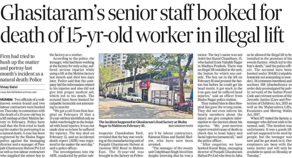 Ghasitaram’s senior staff booked for death of 15-yr-old worker in illegal lift Firm had tried to hush up the matter and portray last month’s incident as a natural death: Police Read here: hindustantimes.com/cities/mumbai-…