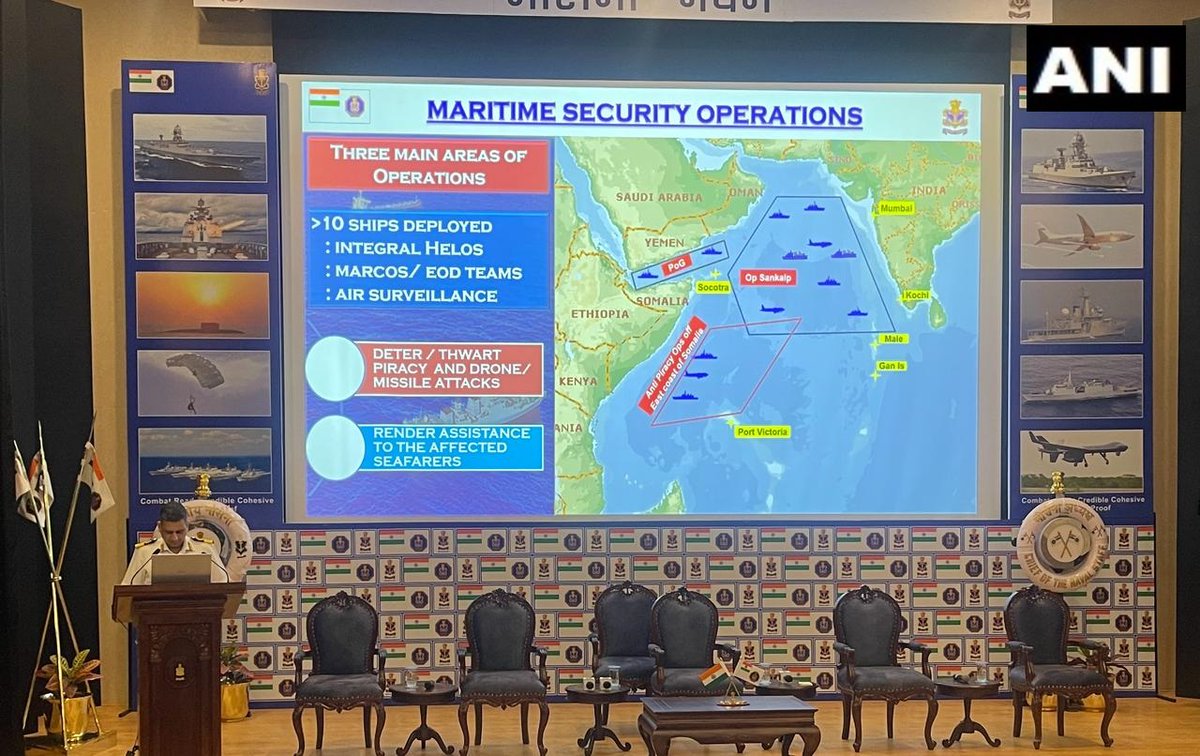 Indian Navy has deployed 10 warships along with assets like P-8I surveillance aircraft, Sea guardian drones and a huge number of personnel to undertake anti-piracy and anti-drone operations in Arabian Sea and adjoining areas to provide protection room to Indian and international