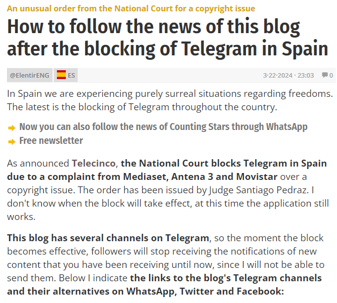 juanif17's tweet photo. 📢🔴🇪🇸ESPAÑA BLOQUEA TELEGRAM❌

Motivo: Por supuestos temas de copyright, como respuesta al reclamo de Antena 3, Movistar y otras compañias

Otros paises donde Telegram esta bloqueado:
- 🇨🇳China
- 🇵🇰 Pakistán 
- 🇰🇵 Corea del Norte
- 🇮🇷 Irán

España cada vez mas inviable