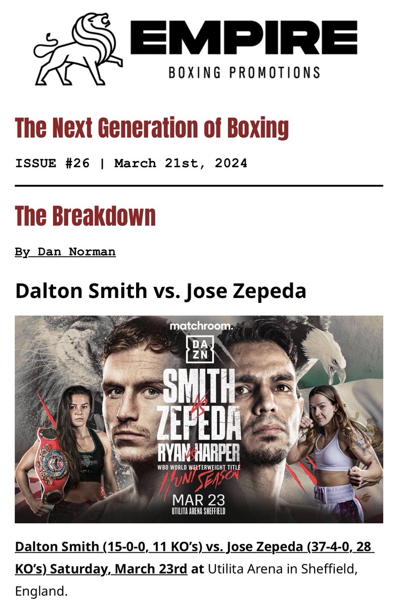 New issue of The Next Generation of #Boxing is out now. @daltonsmith08 vs Jose Zepeda breakdown by Dan Norman and more #BoxingNews . 
Read & Subscribe now. 
mailchi.mp/empireboxingen…
-
@BrickhouseVent1 
@GrassJames 
-
#empireboxing