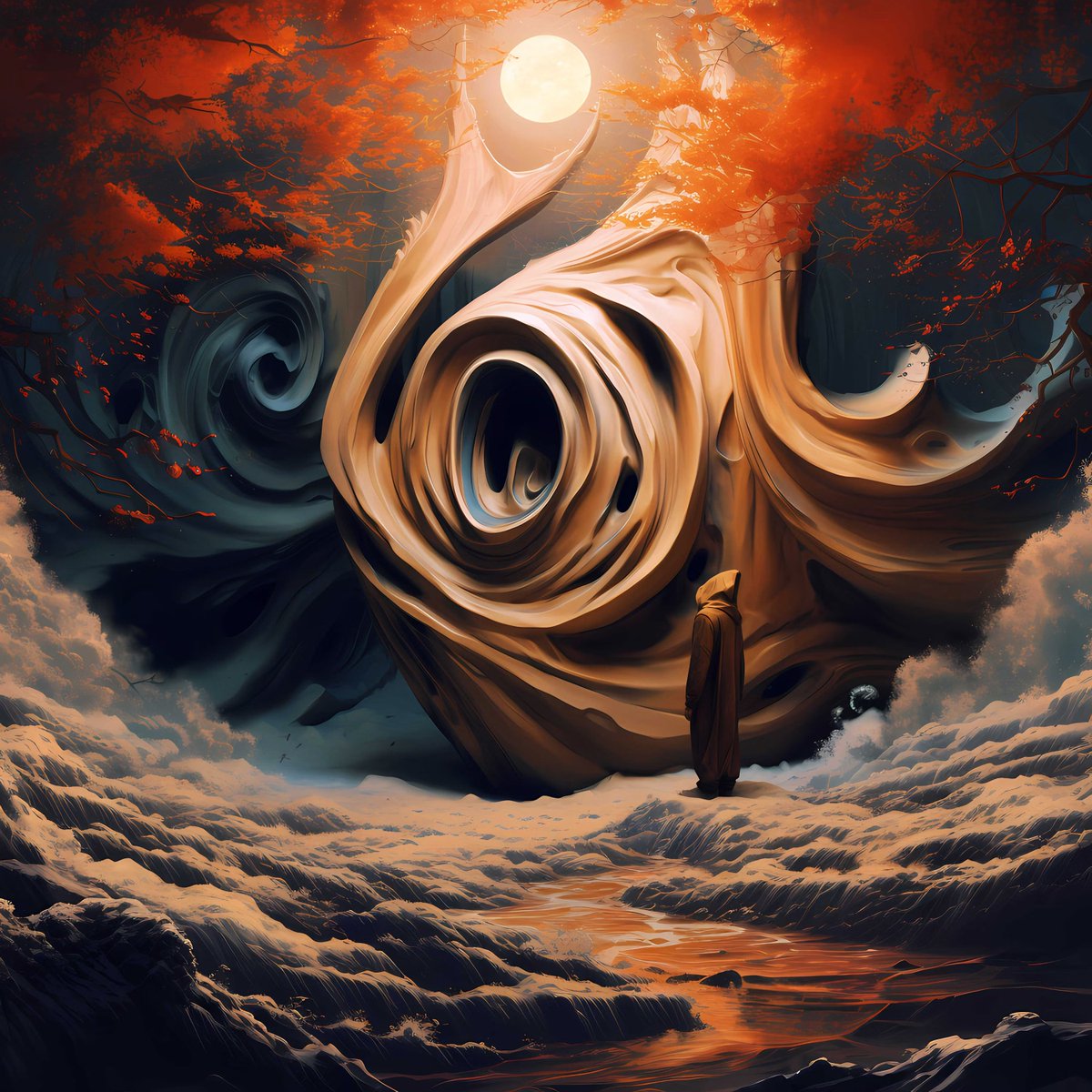 <a href="/pulsr_ai/">Pulsr</a> <a href="/Coldie/">Coldie</a> <a href="/ArtOnInternet/">AOI</a> #AOIxPulsrColdieChallenge  

 'Flow of the Subconscious' from the <a href="/un_curated/">(un)curated</a> collection    

"Flow of the Subconscious" is a mesmerizing tableau that evokes the primordial struggle and symbiosis between art and ego. The vortex dominating the scene—crafted with organic, wooden