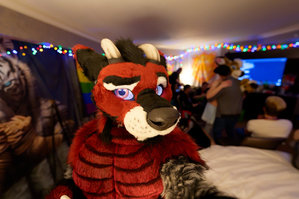 Selfie at #Furnal2024 for #FursuitFriday really chill room party with friends.