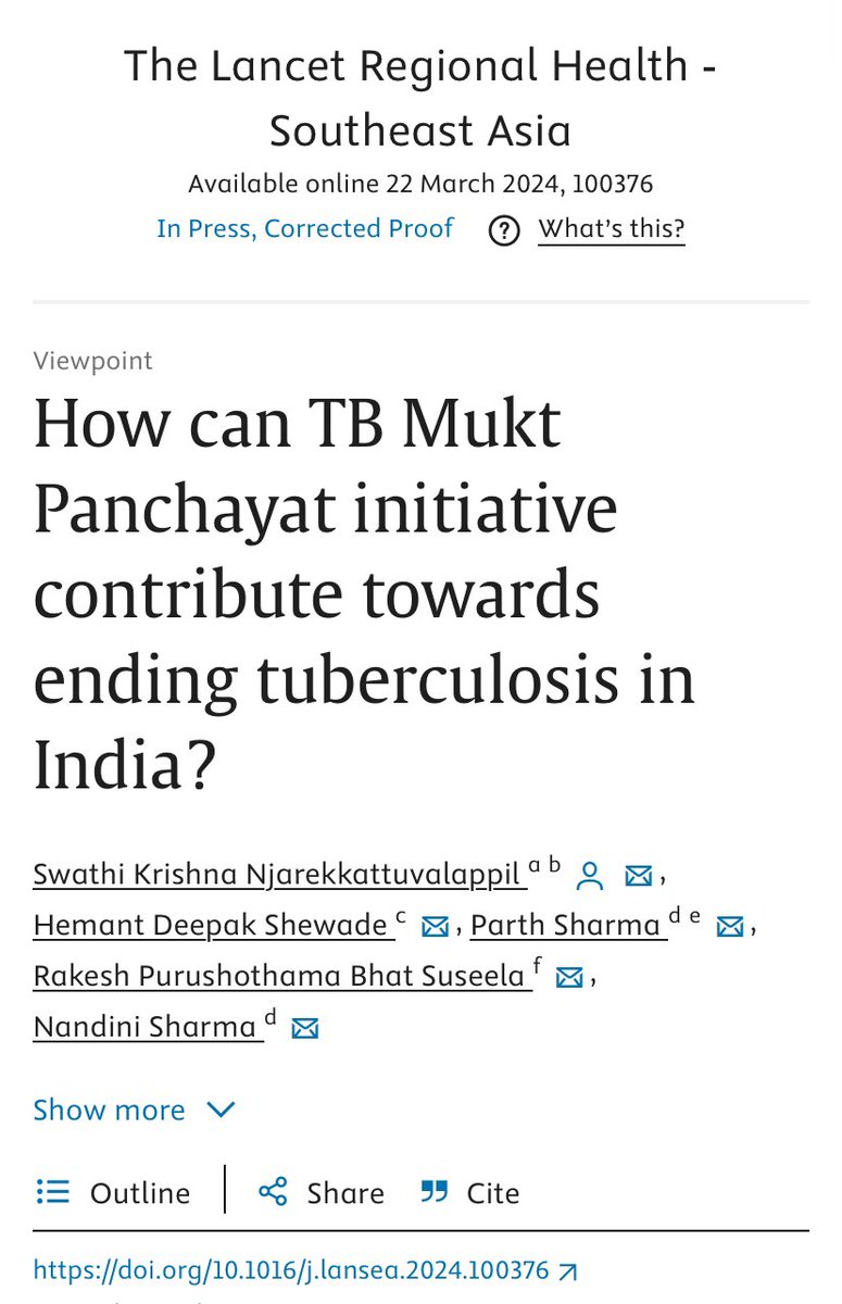 #OpenAcess #Publication Our viewpoint in @LancetRH_SEAsia on ‘TB Mukt Panchayat' as an oppurtunity for Ending TB in India @drswathikrishna @parthsharma @DrRAKESHPS1 and Dr Nandini Sharma sciencedirect.com/science/articl…