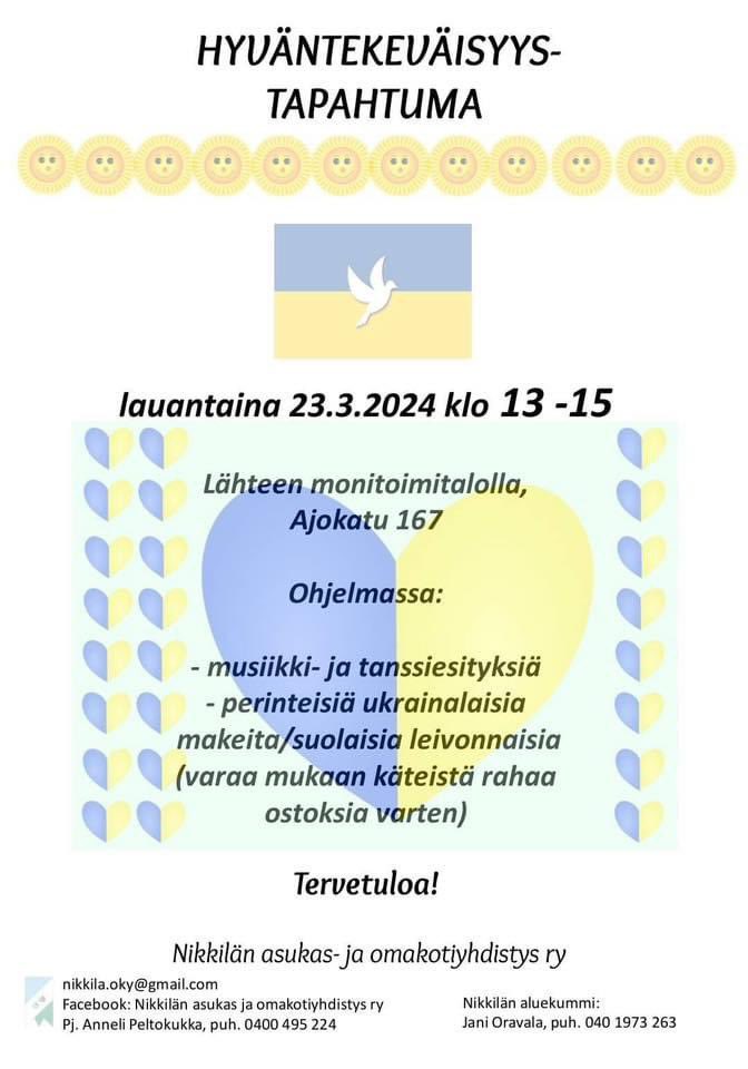 Lahti! Muistutus kaikille💙💛! 
Tämä hyväntekeväisyystapahtuma on TÄNÄÄN, la 23.3.2024 klo 13:00-15:00!

Kaikki myyjäisten tuotot menevät 🇺🇦Ukrainan armeijalle vapaaehtoisten kautta - maksu käteisellä rahalla!
💙💛

Jaa tieto ystävillesi, kutsu heidät mukaan auttamaan!
#lahti