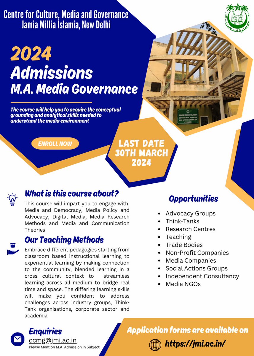 ccmg_jmi's tweet photo. Master the maze! Our M.A. in Media Governance at Jamia Millia Islamia's Centre for Culture, Media and Governance equips you to navigate the complexities of media and its impact. Become a media literacy champion and shape the future of responsible communication. Learn more &amp; apply https://t.co/KTxrmwDgW3