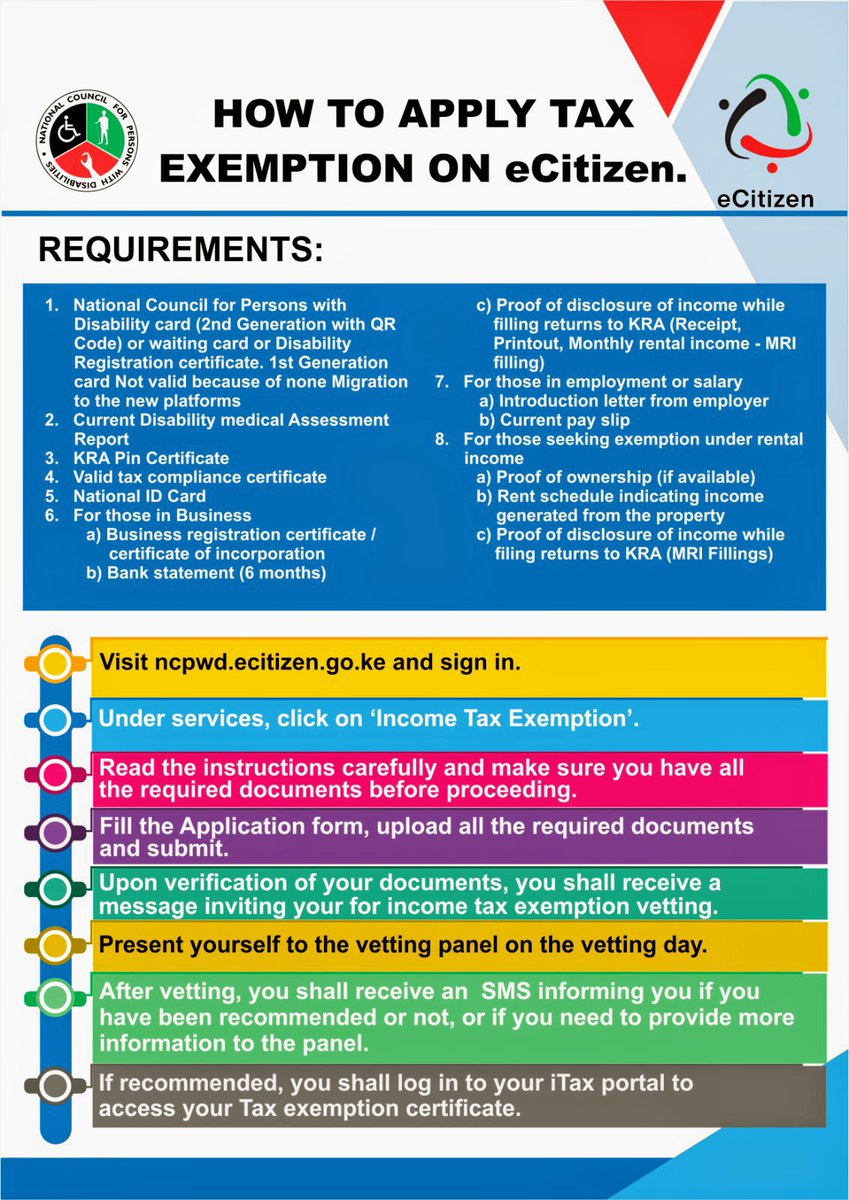 Great news for #PwDs who qualify for tax exemption. You can now apply for tax exemption through @eCitizenKenya. This simplifies the process and saves you time. Follow the official @Ncpwds guidelines to apply online.