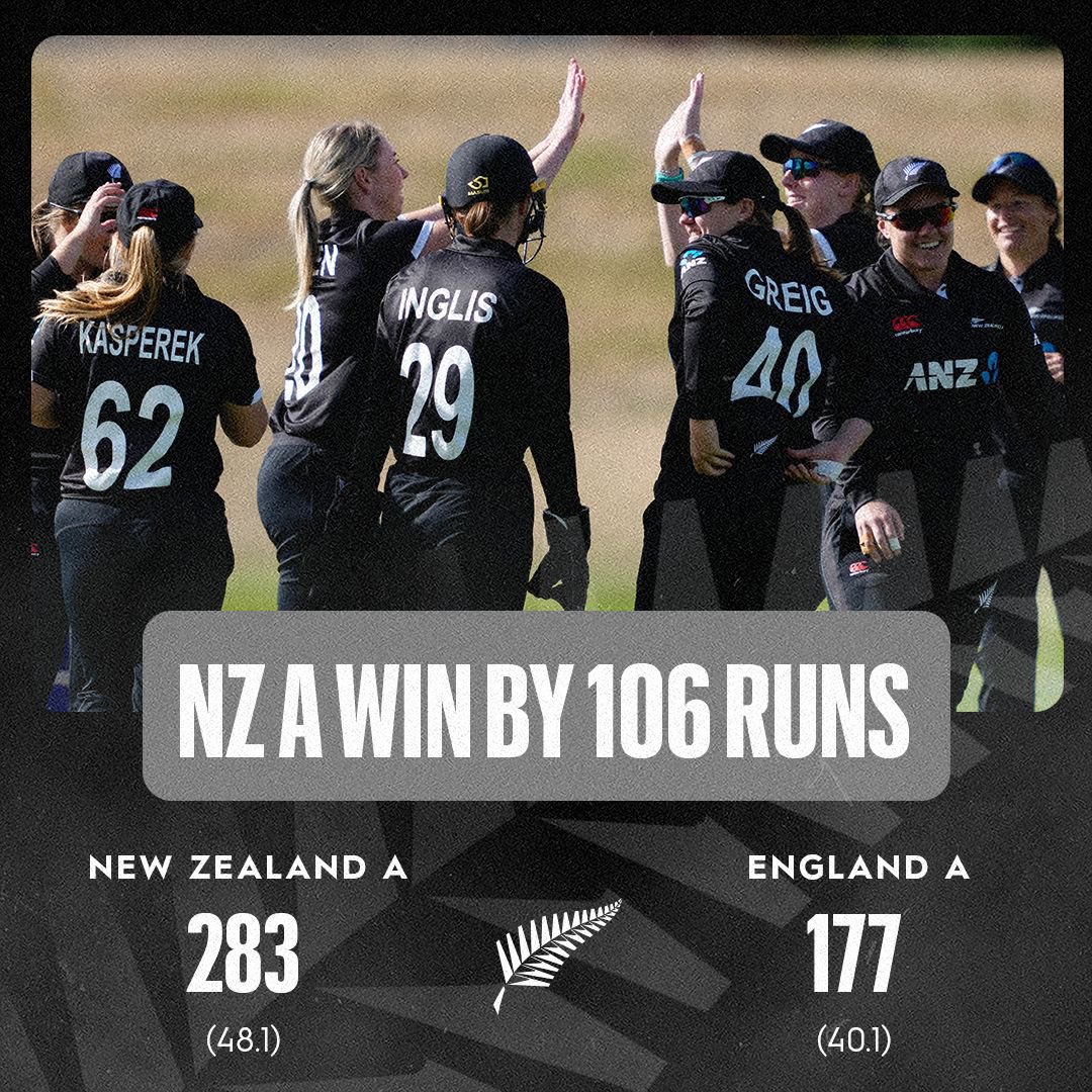 A win for New Zealand A in the first One Day match in Dunedin! Captain Hayley Jensen (4-26) and Leigh Kasperek (3-35) leading the way with the ball. Catch up on all scores | on.nzc.nz/4a7xW5G 📲 #NZAvENGA #CricketNation