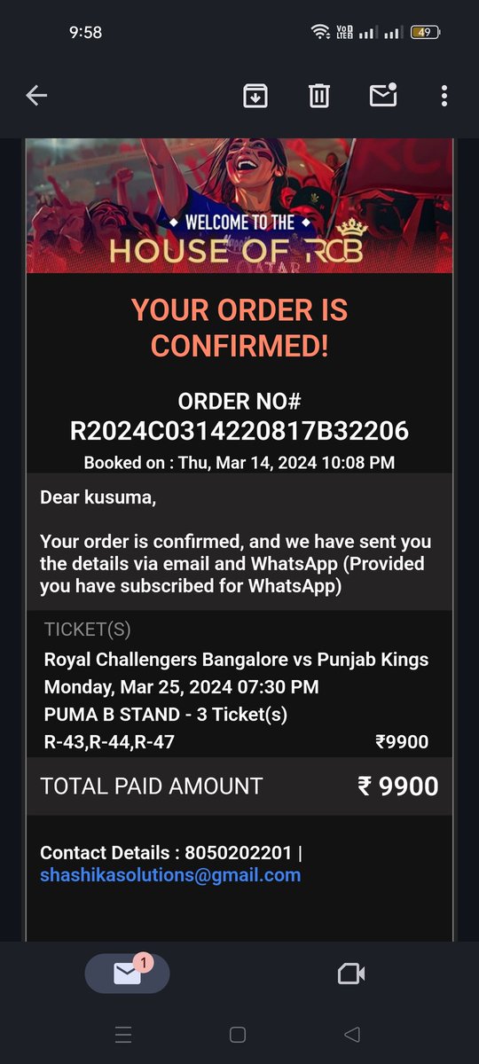Chandu007k's tweet photo. @ESPNcricinfo Hi, 

I have three tickets for #Rcbvspun match at B stand(straight view) on 25th march

Genuine buyers please DM

Genuine price 

#IPL2024 #ipltickets #RCBvsKKR #PlayBold #Rcb #kkr #ticketsforsale 
 #Homecoming #virat https://t.co/NLo21IQEnZ
