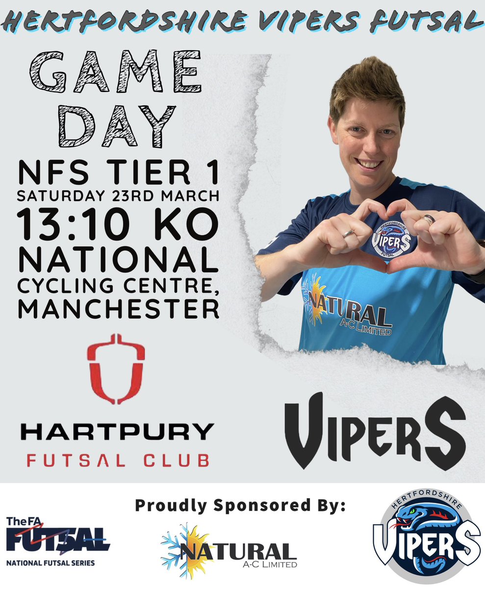 🔥MATCH DAY🔥

We are up in Manchester today at the National cycling centre for a tough clash

🏆<a href="/FA_NFS/">FA National Futsal Series</a> Womens Tier 1
🆚 <a href="/hartpuryfutsal/">Hartpury Futsal Club</a> 
📍National cycling centre 
🕙 1:10pm KO
🎟 £5 adult / free U16s

Let’s go Vipers 🐍🙌🏻

#Vipers #womensfutsal