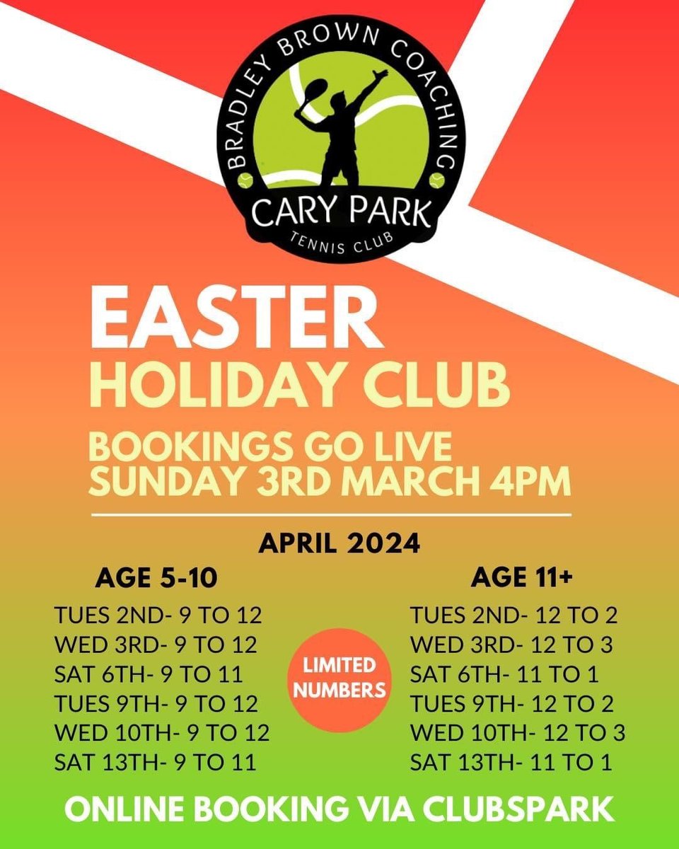Cary Park Tennis Easter Holiday Camps 🎾 🏕️ 🎾 Classes: 🚸 5 - 11 year olds 🚸 11+ Dates: 🗓️ 2 April - 13 April (Tuesdays, Wednesdays and Saturdays) 🔖 Book: bradleybrowncoaching@gmail.com or clubspark.lta.org.uk/caryparktennis