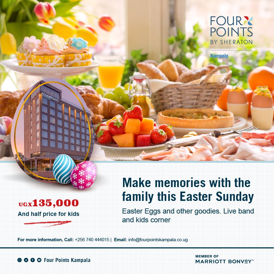 Make your Easter unforgettable! Join us for a luxurious brunch at Four Points by Sheraton Kampala. Delicious food, kid-friendly fun, and an elegant setting. The perfect way to celebrate! #FourPointsEasterBrunch