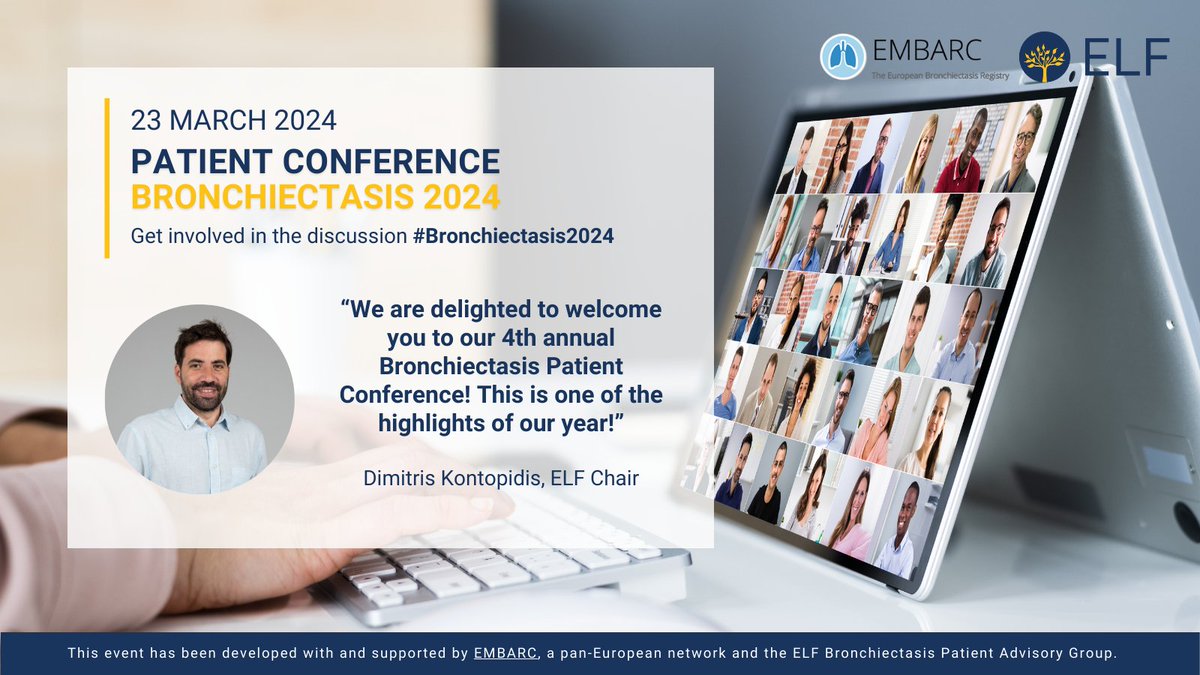 EuropeanLung's tweet photo. Our #Bronchiectasis2024 patient conference is here. This is the fourth annual conference brought to you by ELF, our Bronchiectasis PAG and @EMBARCnetwork
To kick us off, we are welcomed by ELF Chair @Dim_Kontopidis
Send us a like or a tweet if you’re joining us today! https://t.co/W1f18SH3CH