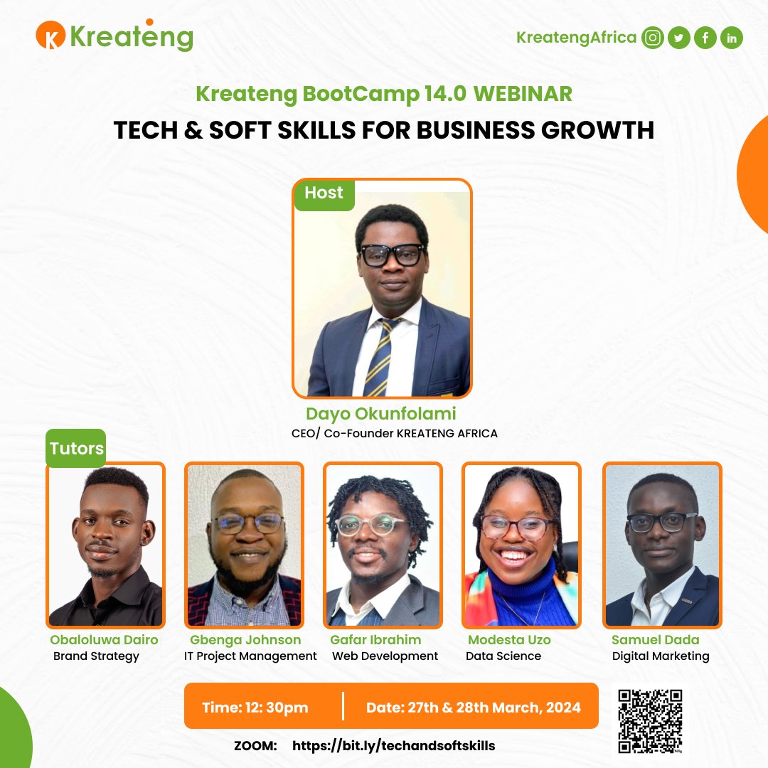 KreatengAfrica's tweet image. Attention business owners! Fuel your company&apos;s growth with the Kreateng Tech BootCamp 14.0 Webinar Session on Tech and Soft Skills for Business Growth! March 27th &amp;amp; 28th, 2024 - Don&apos;t miss this opportunity #TechBootCamp #BusinessGrowth #EntrepreneurialSuccess