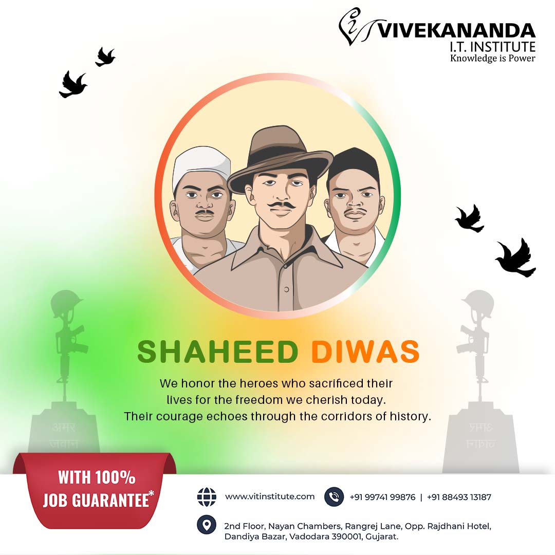 Today, we pay homage to the valiant souls who laid down their lives for our freedom. 🫡    🇮🇳   🌼   ✌️  ✨

#Shaheeddiwas #freedomfighters #courage #bravery #salute #RememberingHeroes #India #GurukulOfNetworking #VivekanandaITinstitute #ITtraininginstitute #VIT #Vadodara
