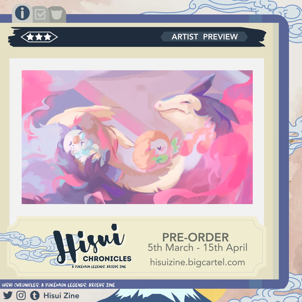 A preview of my piece for <a href="/hisuizine/">Hisui Chronicles - A Pokémon Legends: Arceus Zine</a>. It’s a very snuggly cosy piece 🥰 glad i could showcase hisuian typhlosion because he really is the best boi.

Preorders run till April 15.