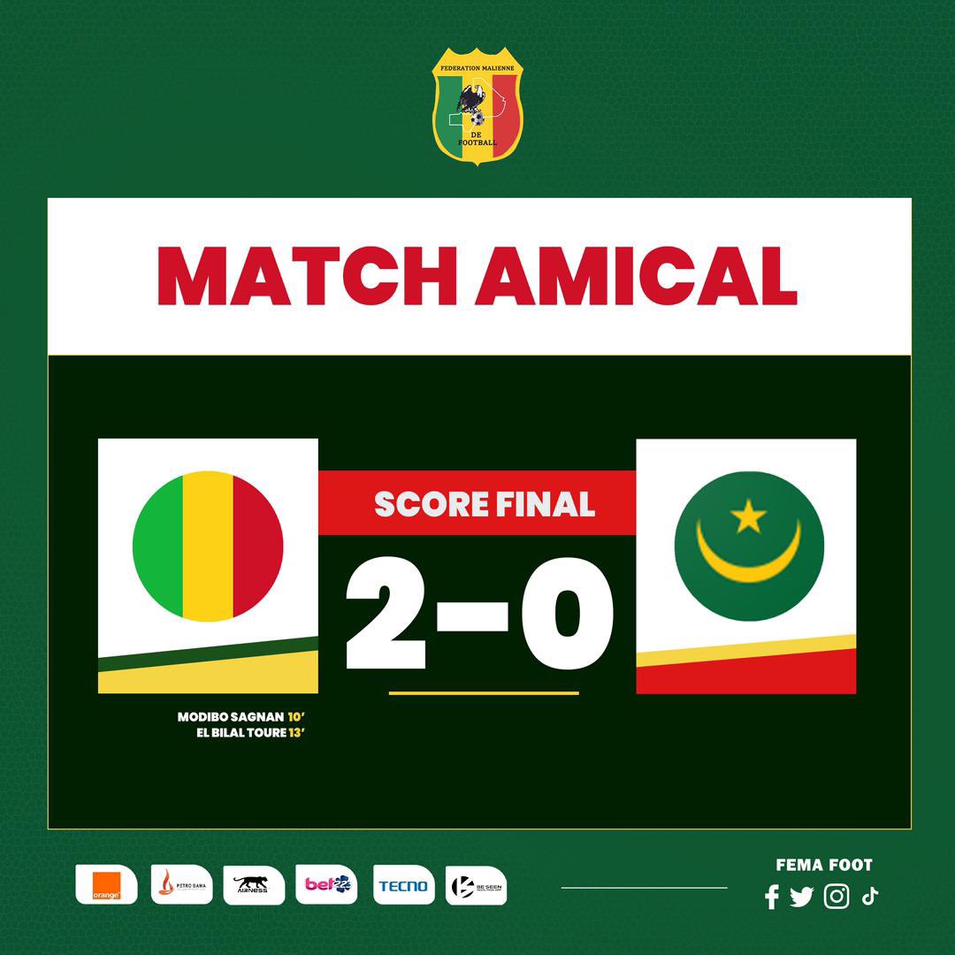 En amicale hier vendredi face à la #Mauritanie 🇲🇷, les Aigles du #Mali 🇲🇱 se sont imposés sur le score de 2 buts à 0 au Grand Stade de Marrakech.