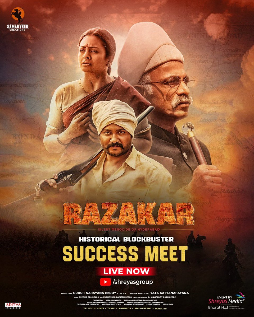 The Historical Blockbuster #Razakar Grand Success Meet is LIVE NOW 🤩💥 Watch Live Here: 🔴youtube.com/live/a5WtPVsRM… #BlockbusterRazakar running successfully in theatres near you