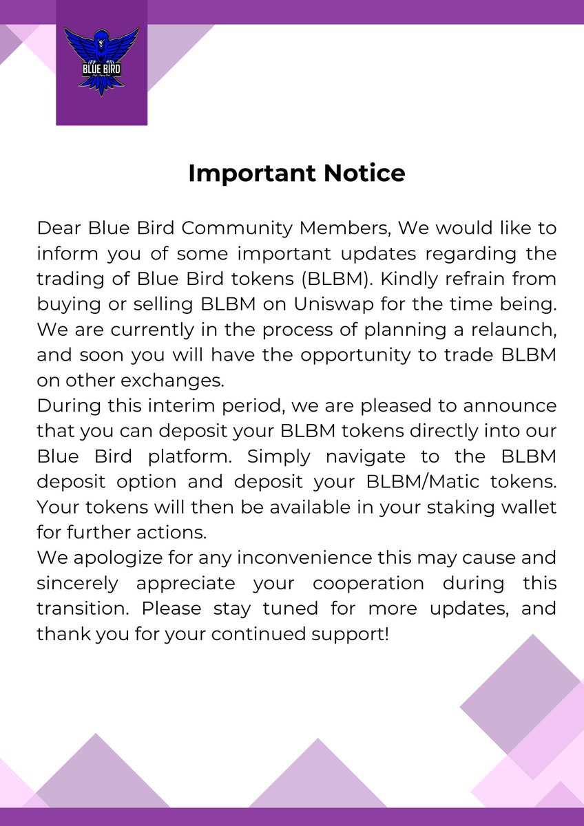 bluebirdblb's tweet photo. We would like to inform you of some important updates regarding the trading of Blue Bird tokens (BLBM). Kindly refrain from buying or selling BLBM on Uniswap Exchange for the time being. https://t.co/bbiXBFVrpi