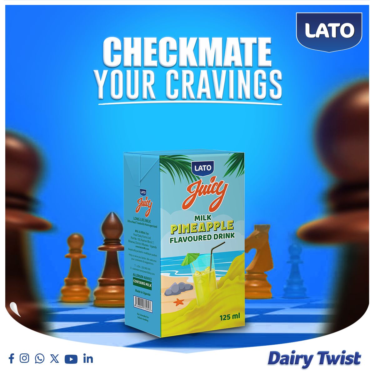 Indulge in the creamy goodness of our Lato Pineapple dairy blend in 125ml pack! 🍍🥛 With its tropical twist and smooth texture, it's the perfect checkmate for all your cravings. 😋 Try it today and experience pure bliss in every sip! #LatoPineapple #CheckmateCravings