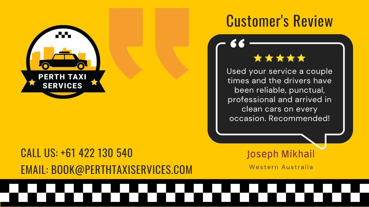 🌟Another Happy Customer! 🌟

At Perth Taxi Services, customer satisfaction is key! 😊 Thanks for the 5-star review, Gilda de Sousa! ⭐⭐⭐⭐⭐ Your feedback keeps us going! 🚀

Haven't tried us yet? Book now: perthtaxiservices.com/services/airpo…

#PerthTaxiServices  #CustomerReviews