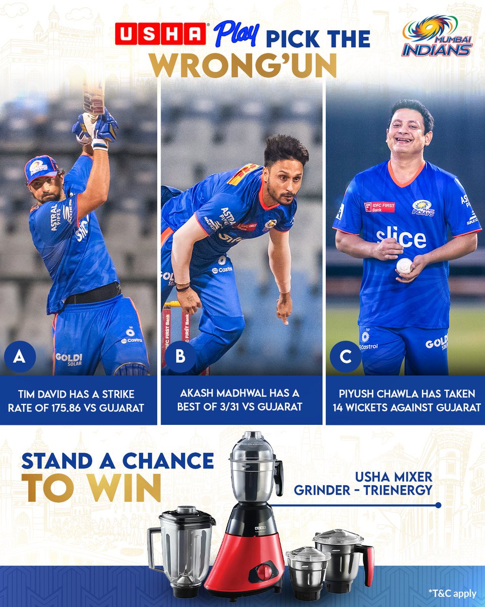 There’s always a right choice, especially for the #UshaPlay wrong’ un 😏 Spot the odd one out and stand a chance to win a brand new @UshaPlay mixer grinder 🤩 #OneFamily #MumbaiIndians