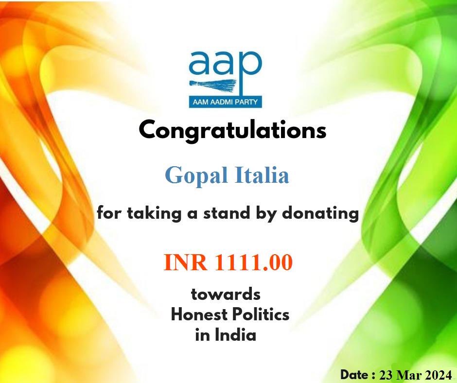 Gopal_Italia's tweet photo. आइए दोस्तों, हम सब एक केम्पेन चलाते है। 

#DonateForAAP  

इस मुश्किल वक्त में हमारे नेता अरविंद केजरीवाल के विचारों को देश भर में आगे बढ़ाने के लिए हमारी पार्टी को आर्थिक सहयोग करते है। 

राजनीति बदले के लिए 1111 रुपये योगदान दे। 

https://t.co/ir8gS6XPaX https://t.co/u5Yvumh9Y2