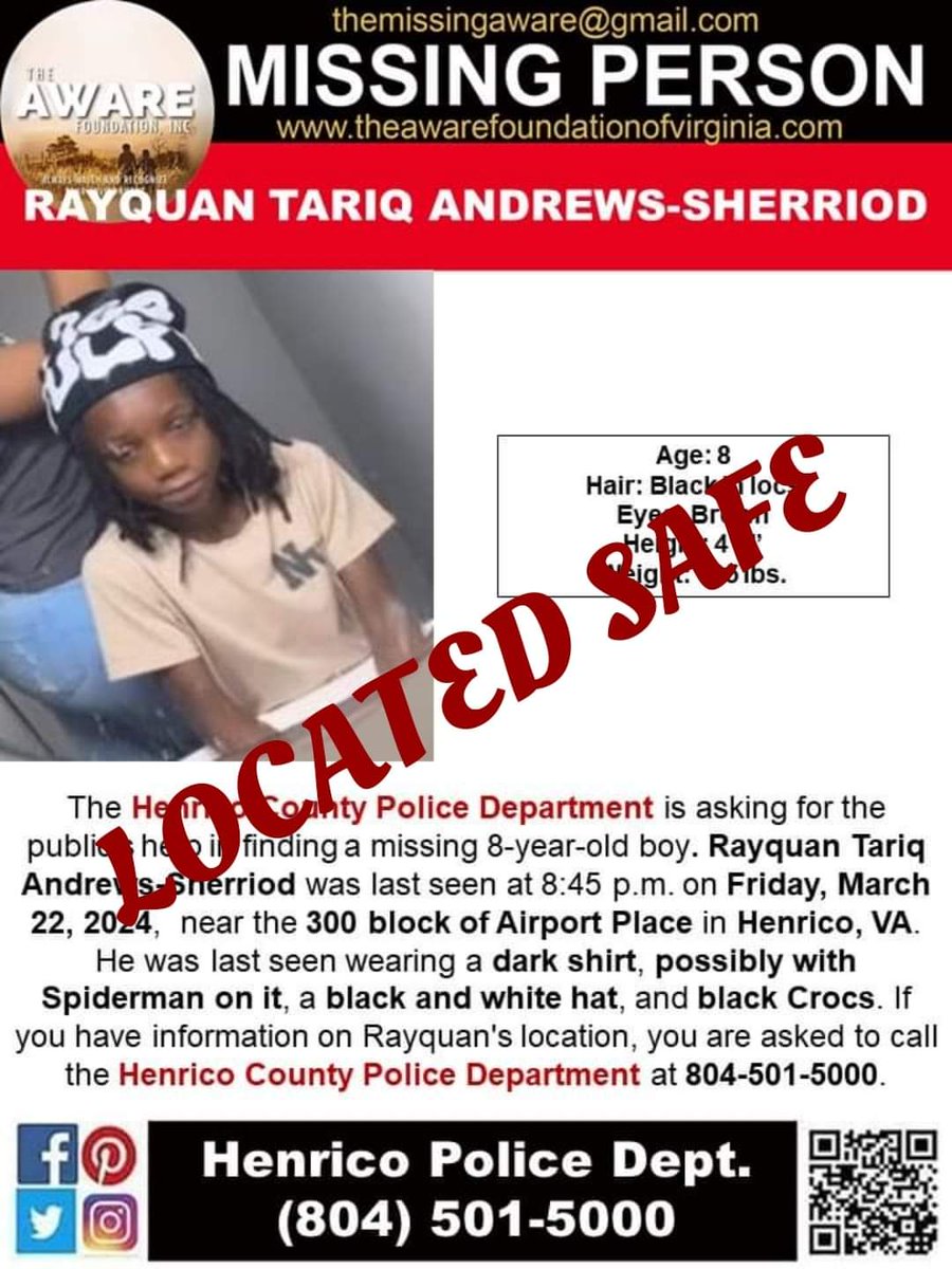 RAYQUAN has been located and is SAFE. Thanks again for your help. #TheAWAREFoundation