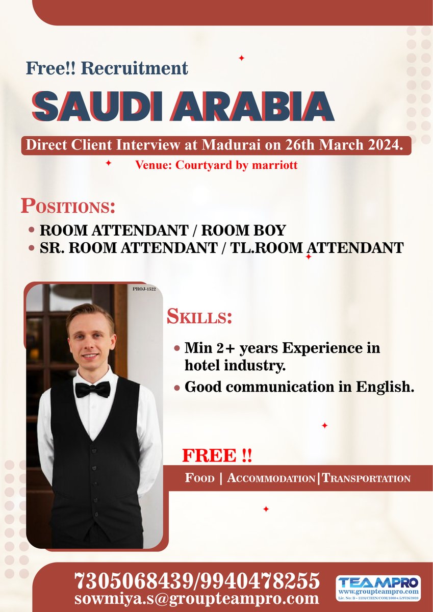 FREE!! Recruitment SAUDI ARABIA Position: Room Attendant, Room Boy, SR. Room Attendant, TL. Room Attendant #HospitalityJobs
#SaudiArabiaJobs
#RoomAttendant
#RoomBoy
#SeniorRoomAttendant
#TeamLeaderRoomAttendant
#HotelJobs
#HospitalityCareers
#SaudiArabiaEmployment
#RoomService