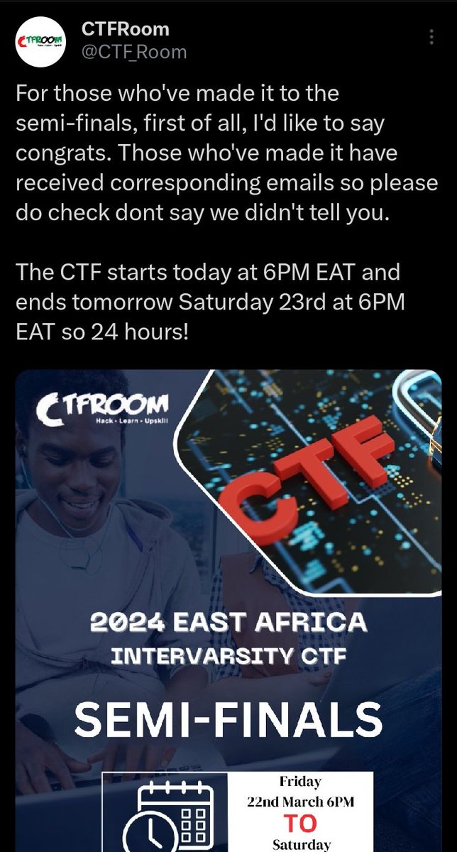 JonesBaraza's tweet photo. So @CTF_Room has been running two concurrent CTF competitions since last night: one by @Maseno_Uni GDSC &amp; our semis to the East Africa Intervarsity. Proud how far we have come. https://t.co/VZW07TI2Pv