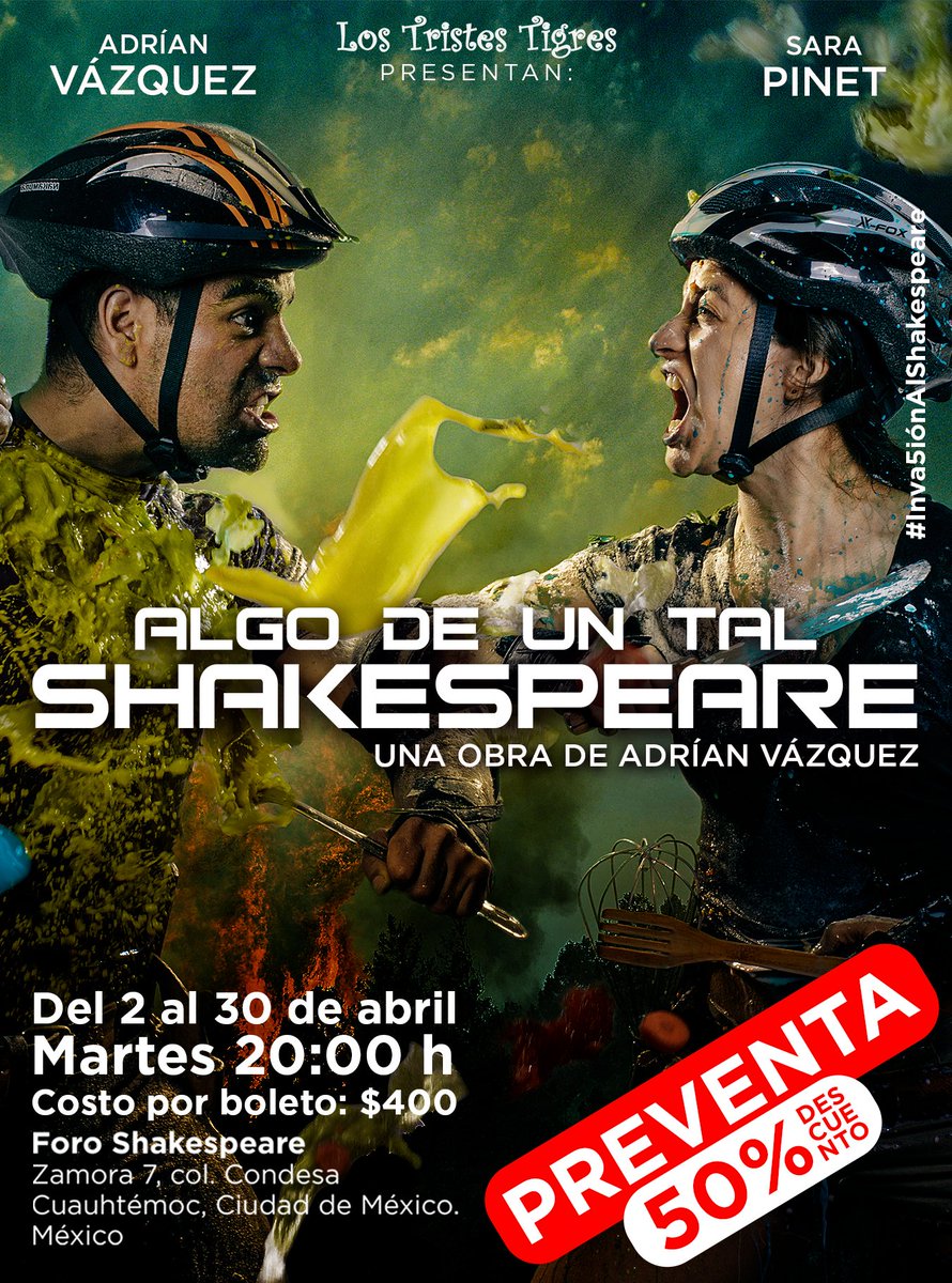 Una puesta en escena irreverente, creada a partir de improvisaciones sobre la literatura de William Shakespeare
<a href="/tristestigresc/">LosTristesTigres</a> <a href="/vazquezadrian75/">Adrián Vázquez</a> <a href="/sarapinet/">Sara Pinet</a>
📅 Del 2 al 30 abril
⏰martes 8pm
Foro Principal / $400
Preventa 25 de marzo al 1 de abril $200
🎫 bit.ly/4cqo2xz