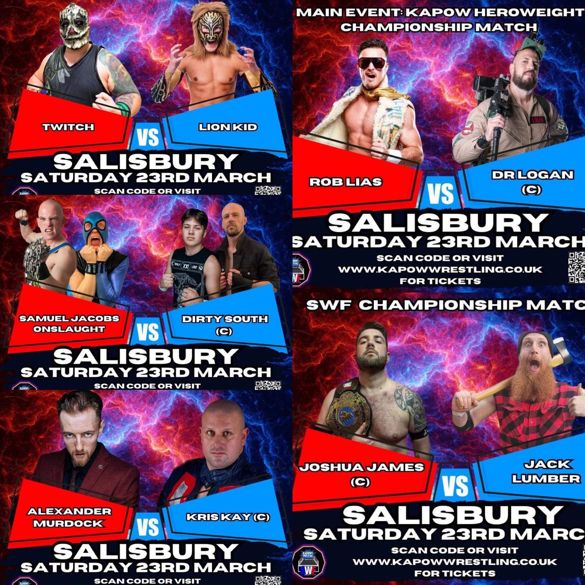 #tonight in #salisbury #wiltshire we have an action packed night of wrestling! 4 #championship matches!! Tickets including kids for £1 at ticketsource.co.uk/kapow-wrestling