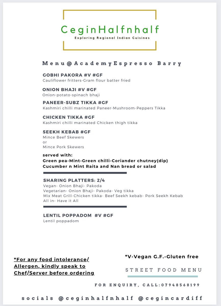 If you missed us yesterday, it’s round 2 tonight.
Still <a href="/academyespresso/">Academy Espresso Bar</a> 5 pm onwards
With inputs from last night, Streamlined the menu a bit, for ease of understanding.
#indianfood #streetfood #barry #barrybados #ceginhalfnhalf #vale