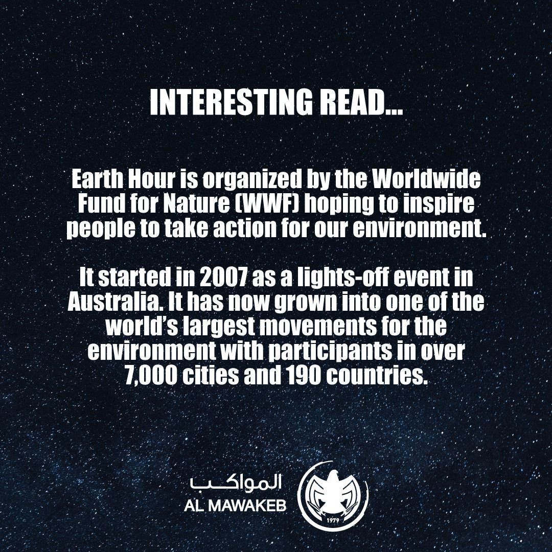 Let us shine the spotlight brighter on our planet! Let us get the world talking. Let us shape our future.
#EarthHour #VirtualSpotlight #ShareOurPlanet #ClimateChange #SaveTheEarth #Connect2Earth #VoiceForNature #VoiceForOurPlanet #ForNature #TogetherPossible #WeAreAlMawakeb