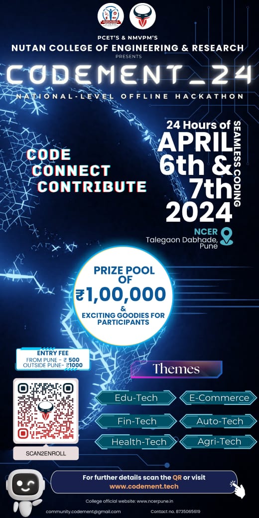 _codement's tweet image. 🔥 Join Codement_24, a National offline Hackathon by Nutan College of Engineering and Research (NCER) on April 6th &amp;amp; 7th, 2024, in Pune. Prize pool: ₹1,00,000! Register now at codement.tech/codement-24. Let&apos;s code, connect, and win together! #Hackathon #TechEvent #NCER 🚀👩‍💻👨‍💻