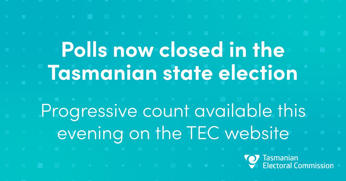 Polling is closed and counting will commence shortly in the 2024 Tasmanian State Election. Progressive results will be available from approximately 6:45pm on the TEC website: tec.tas.gov.au/results #politas #taspol #tasvotes24 #tasvotes #TasmaniaVotes