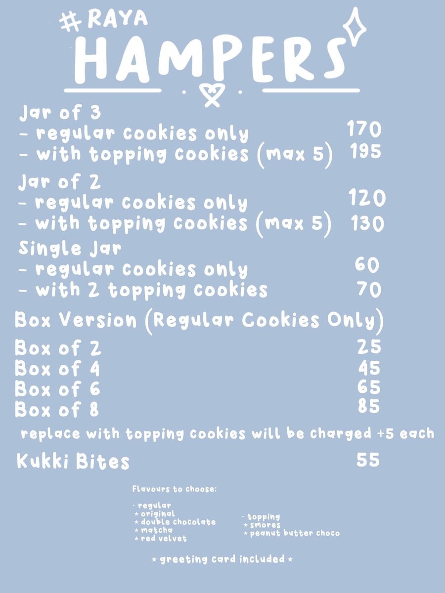 dearestnanon's tweet image. rt/like = 🫶🏻
OPEN PREORDER - RAYA HAMPERS

🗓️ 23 - 31 march
🚚 paxel only (flat 15k Jabodetabek, next day service). 
📩 order dm @cheesekukki (not this account)

🏷️ prices on the 1st pic
— for another options, e.g. big cookies, please ask for the prices
💵💳 gopay / mandiri