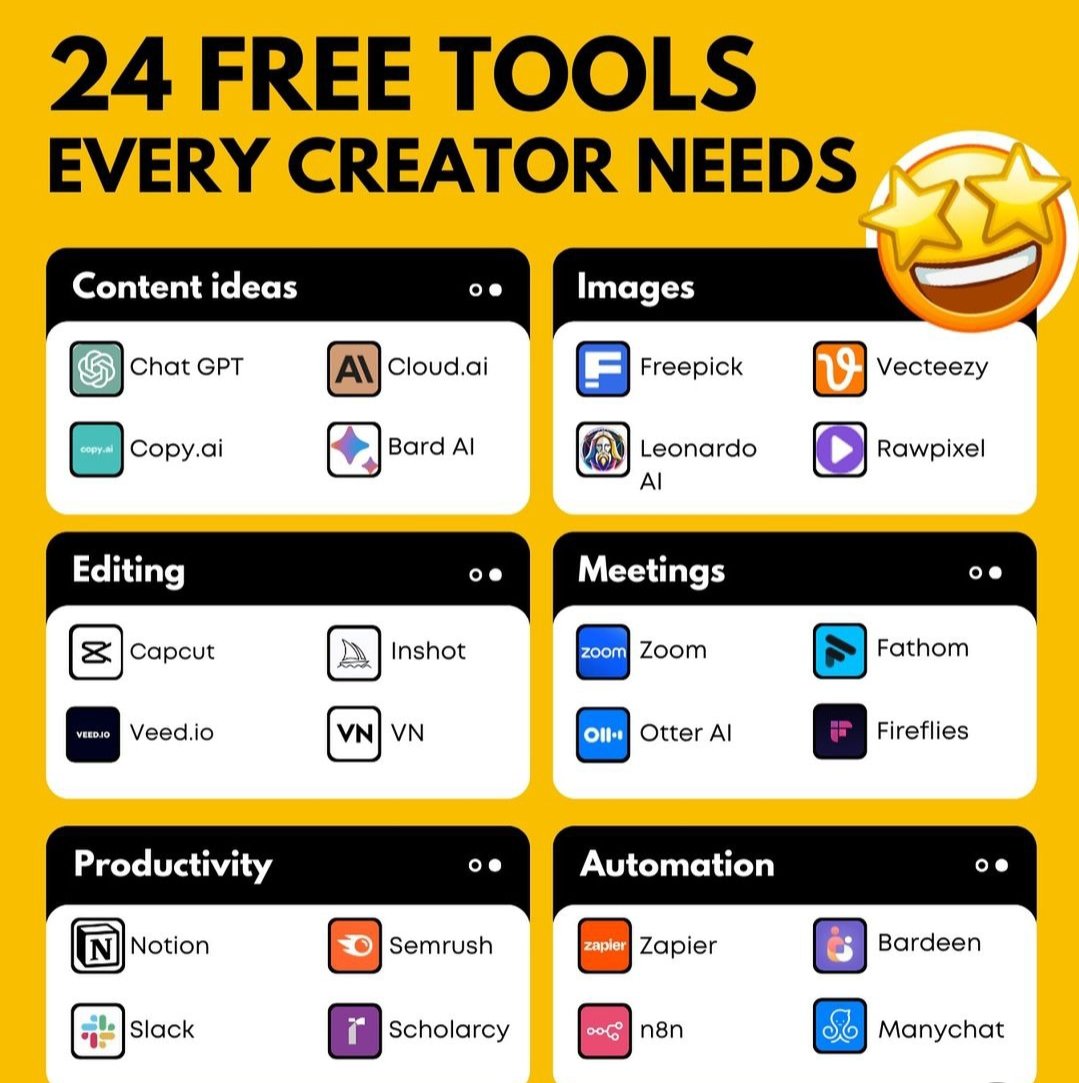 Helpify101's tweet image. SAVE IT BEFORE IT GONE 🤯⚠️ ...
These 24 New Creator Tools You must know..

#contentcreatortools #digitalmarketingtools #igtools #instagramgrowthtips #contenttools #igcontent #toolsforcreativity #instagramtoolsonly #growthtools #instagramtools #instatools #creatortools