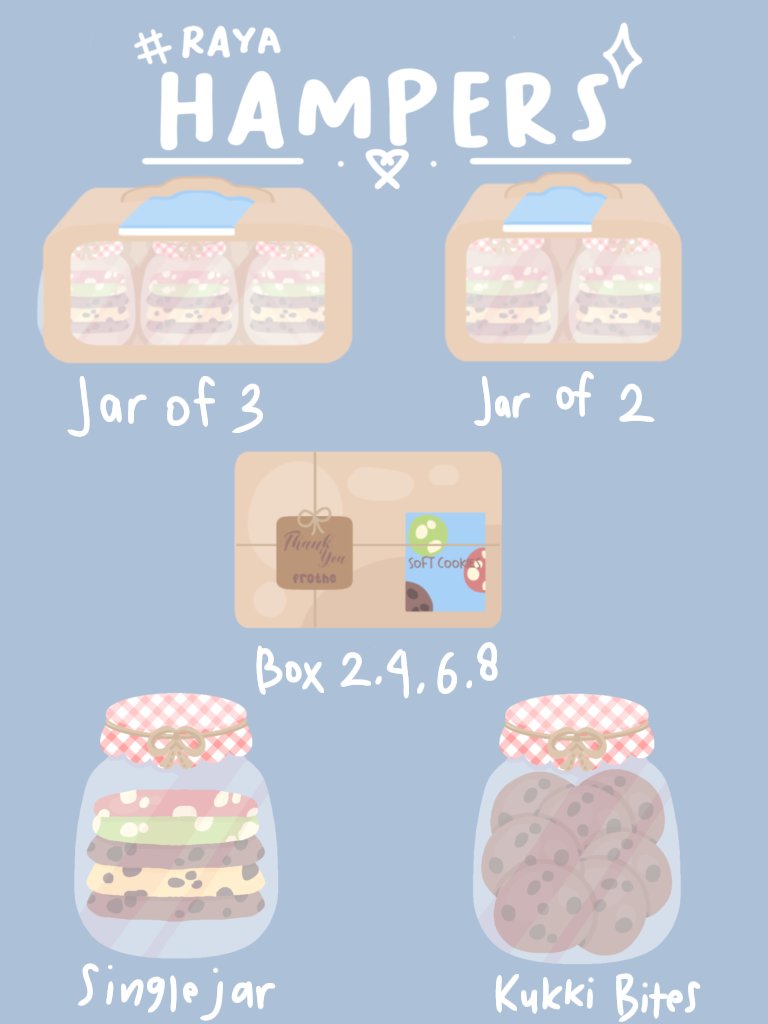 dearestnanon's tweet image. rt/like = 🫶🏻
OPEN PREORDER - RAYA HAMPERS

🗓️ 23 - 31 march
🚚 paxel only (flat 15k Jabodetabek, next day service). 
📩 order dm @cheesekukki (not this account)

🏷️ prices on the 1st pic
— for another options, e.g. big cookies, please ask for the prices
💵💳 gopay / mandiri