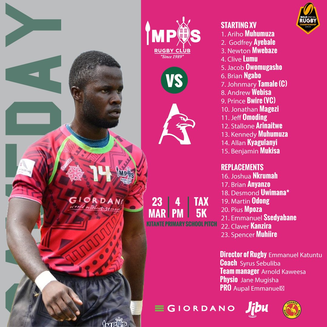 Desmond Uwimana makes his club debut 🔥

<a href="/MAGEZIJonathan3/">MAGEZI Jonathan</a> <a href="/omo_mich/">Omoding Jeff</a> <a href="/kendy_mccaw/">The Keno Guy</a> <a href="/se07dya/">l.e.f.t.y</a> <a href="/SMuhiire/">zebuspencer</a> return to the setup 😎

Here is our full #NSRC2024 matchday 8 squad 👇🏾🏉

Let's get back to winning ways, boys! 👊🏾

#NileSpecialRugby 
#ARROGANCE 💚💗