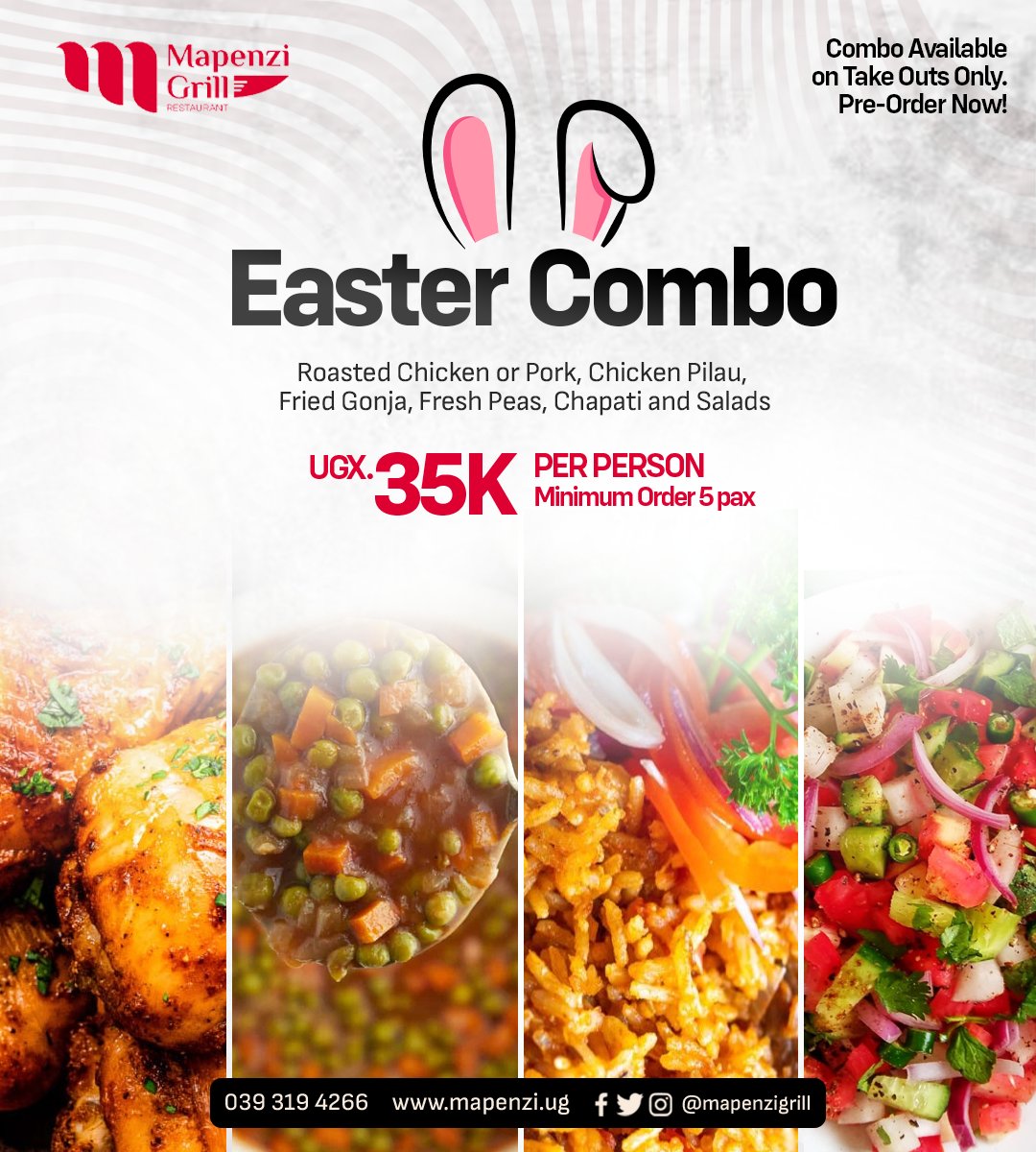 🐣 Celebrate Easter in style with our mouthwatering Easter Combo! 🍴 Enjoy our scrumptious special menu select for just 35K per person. Minimum order for 5 pax. Order now and make your Easter egg-stra special! 🥚🐥 Call 039 319 4266 to order now. #MapenziEaster #EasterSpecial