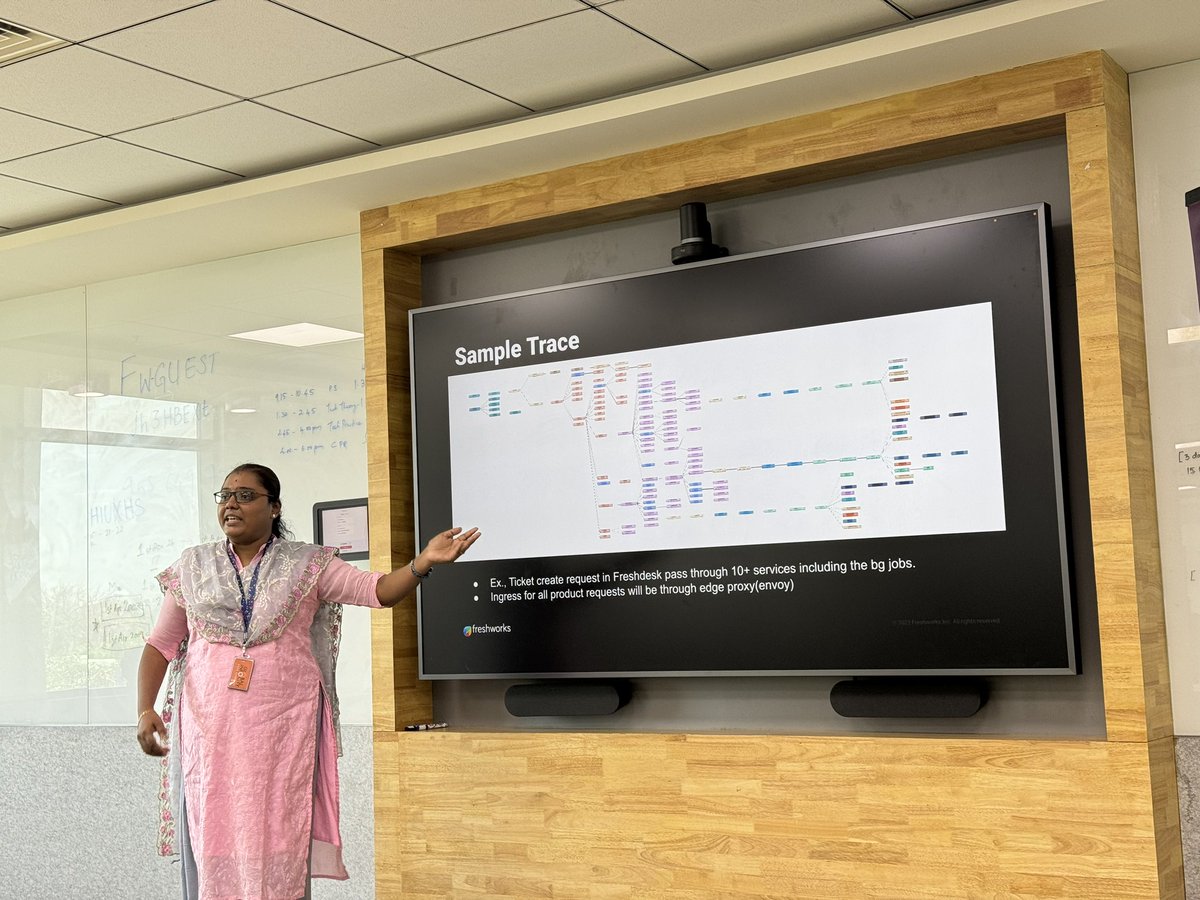 seshaSendhil's tweet photo. @Rashmi_Ram talking about how #Freshworks leverages #otel for distributed tracing https://t.co/iXatMxQYuM