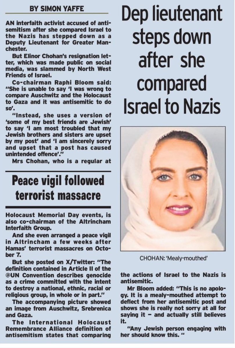 .@ElinorMChohan - who claims she is a champion of interfaith work - no longer represents HRH King Charles in Greater Manchester after comparing Israel to the Nazis and refusing to properly apologise. @GMLO_UK @JewishTelegraph @JewishMCR