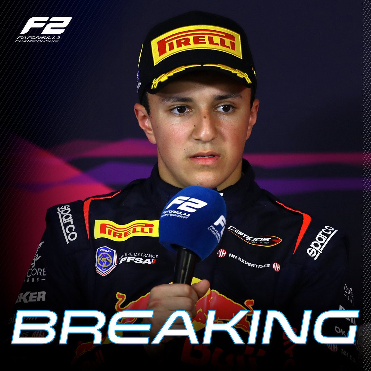 Formula2's tweet photo. 🚨 BREAKING 🚨

Isack Hadjar receives a 10-second time penalty following the conclusion of the F2 Sprint Race in Melbourne. 

The stewards have determined that Hadjar was predominantly to blame for the collision with Pepe Marti and Gabriel Bortoleto at the race start. The Frenchman loses the Sprint Race victory and drops down to sixth. 

#AusGP #F2