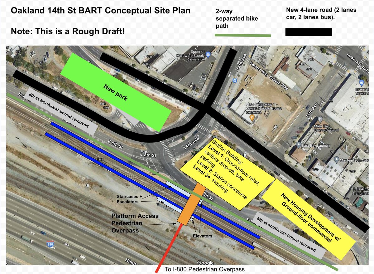 SukritGanesh's tweet photo. My rudimentary sketch for an infill BART station at 14th Ave in Oakland. I’ll come out with a more detailed site plan with road designs and a bike bridge over the highway soon. https://t.co/4fca44NOwe