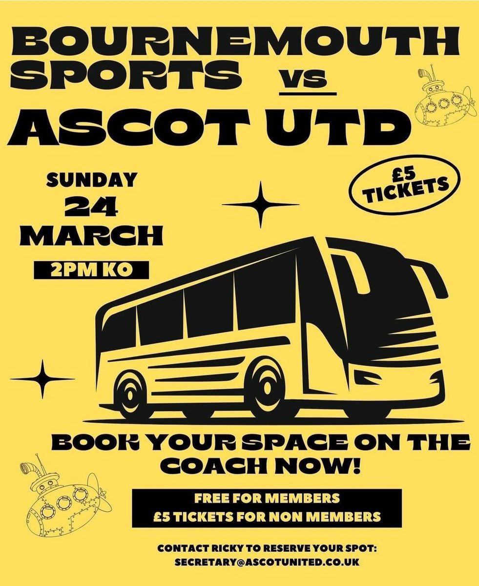 Ascot United Women & Girls FC (@ascotwomenfc) on Twitter photo 3/3
🚍 YELLAWOMEN FANS BOOK YOUR SPACE ON THE COACH FOR BOURNEMOUTH 💛💙
Very Limited seats available for the big league game 🆚️ Bournemouth Sports tomorrow
To book your place on the coach, please contact Ricky by email ⬇️
📧 secretary@AscotUnited.co.uk
#WeAreAscot 3/3
🚍 YELLAWOMEN FANS BOOK YOUR SPACE ON THE COACH FOR BOURNEMOUTH 💛💙
Very Limited seats available for the big league game 🆚️ Bournemouth Sports tomorrow
To book your place on the coach, please contact Ricky by email ⬇️
📧 secretary@AscotUnited.co.uk
#WeAreAscot