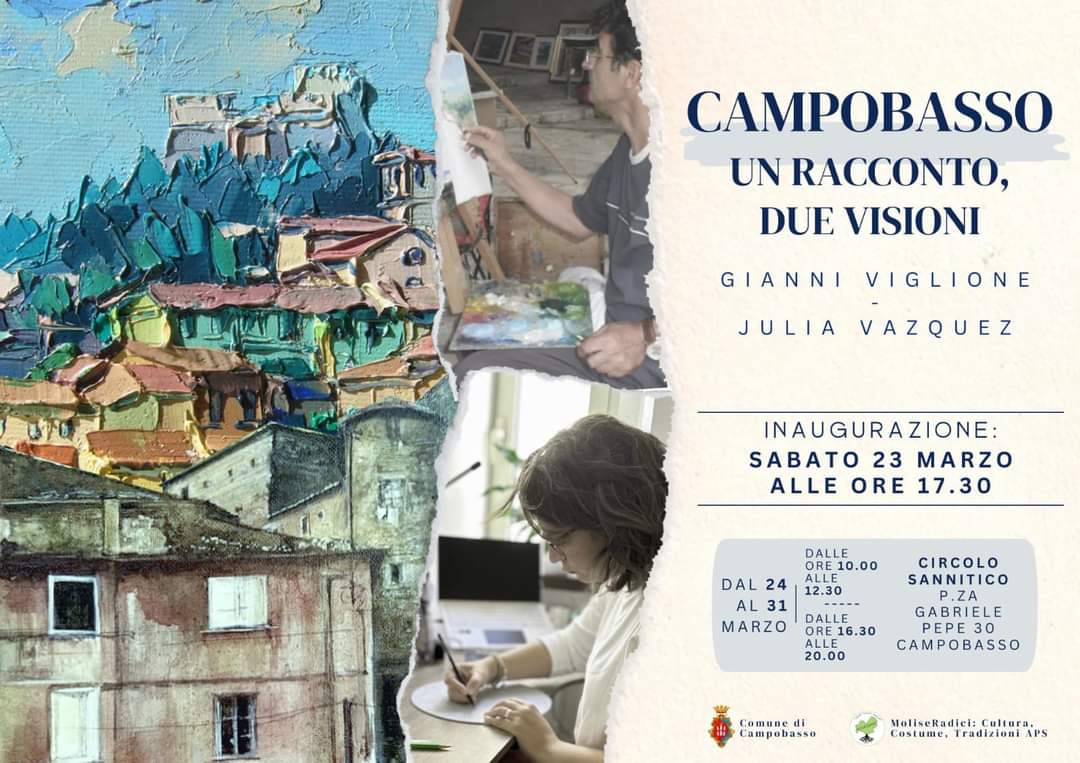 Verrà inaugurata questa sera alle 17.30 la mostra "Campobasso - Un racconto, due visioni" degli artisti Gianni Viglione e Julia Vazquez, un campobassano DOC e una campobassana d’adozione.
La mostra, presso il Circolo Sannitico di #Campobasso resterà aperta fino al 31 marzo.
