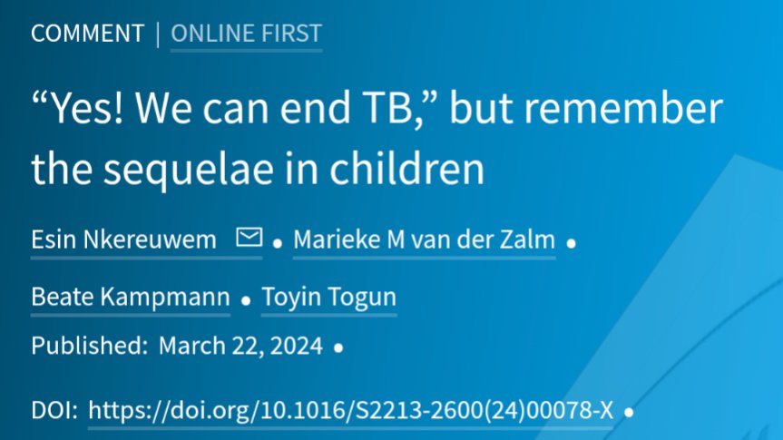 Toyin Togun, PhD FFPH (@toguntoyin) on Twitter photo As we mark the #WorldTBDay2024 with the theme "Yes! We can #EndTB", let us also remember #TB and #postTBdisability in #children & #adolescents!!! Read our new comment in <a href="/LancetRespirMed/">The Lancet Respiratory Medicine</a>.
<a href="/LSHTM_TB/">LSHTM TB Centre</a> <a href="/UCLTB/">UCL-TB</a> <a href="/TheUnion_TBLH/">The Union</a> <a href="/Esinofils/">Esin Nkereuwem</a> <a href="/LindaGailBekker/">Linda-Gail Bekker</a>
Link: bit.ly/4akW70N As we mark the #WorldTBDay2024 with the theme "Yes! We can #EndTB", let us also remember #TB and #postTBdisability in #children & #adolescents!!! Read our new comment in <a href="/LancetRespirMed/">The Lancet Respiratory Medicine</a>.
<a href="/LSHTM_TB/">LSHTM TB Centre</a> <a href="/UCLTB/">UCL-TB</a> <a href="/TheUnion_TBLH/">The Union</a> <a href="/Esinofils/">Esin Nkereuwem</a> <a href="/LindaGailBekker/">Linda-Gail Bekker</a>
Link: bit.ly/4akW70N