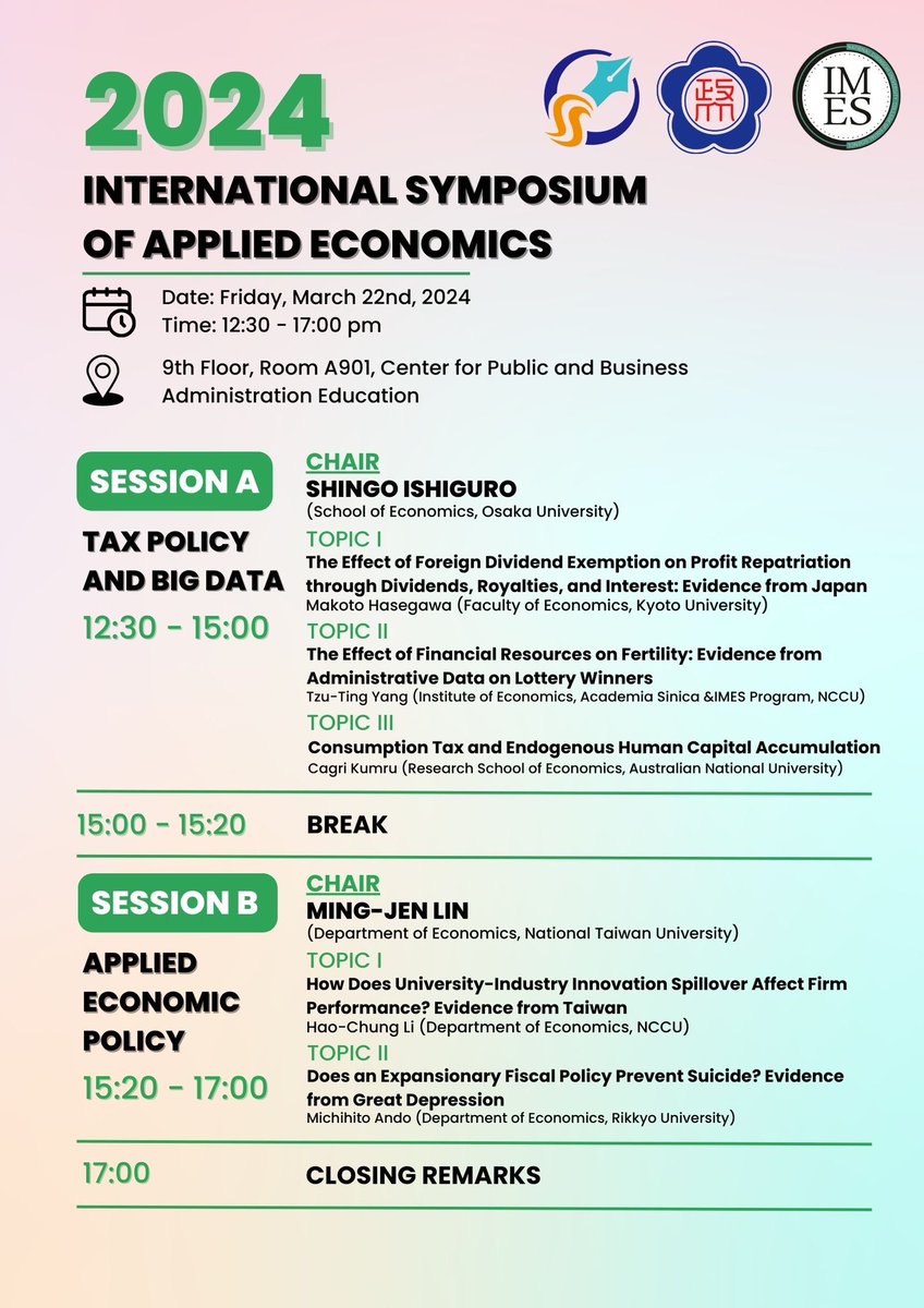 imesnccutw's tweet photo. Thanks professors from #KyotoUniversity, #OsakaUniversity, #RikkyoUniversity, #AustralianNationalUniversity, #NationalTaiwanUniversity,  and #NationalChengchiUniversity for attending International Symposium of Applied Economics held at @nccu1927 on March 22. https://t.co/x5hHnFJHGN